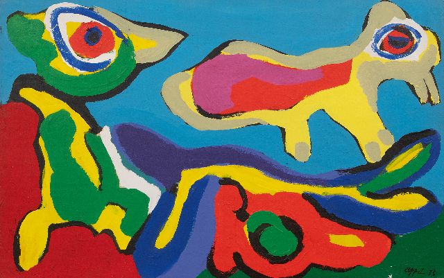 Karel Appel | Birds, Acryl auf Papier auf Leinwand, 49,3 x 77,1 cm, Unterzeichnet u.r. und datiert '73