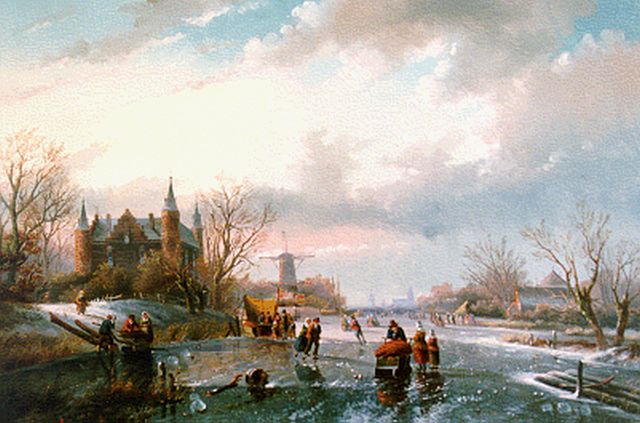 Jan Jacob Spohler | Skaters and a 'koek en zopie' on the ice, Öl auf Leinwand, 55,0 x 83,3 cm, signed l.r.