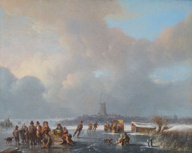 Stok J. van der | Skaters and a 'koek en zopie' on a frozen waterway, Öl auf Leinwand 48,0 x 60,0 cm