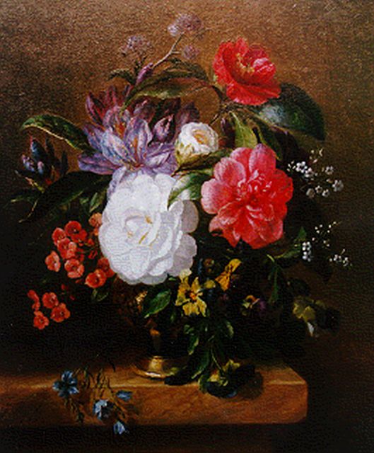 J.R. van Eeghen | A flower still life on a marble ledge, Öl auf Holz, 37,9 x 31,6 cm, signed l.l. with monogram und dated 1855