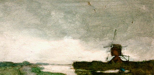 Jan Hendrik Weissenbruch | A windmill in a polder landscape, Aquarell auf Papier, 21,0 x 35,0 cm, signed l.r.