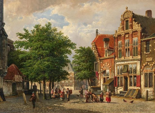 Willem Koekkoek | A summer cityscape with figures by a church, Öl auf Leinwand, 40,0 x 54,2 cm, Unterzeichnet u.r.