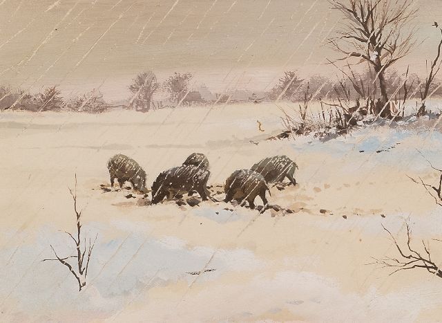 Rien Poortvliet | Wildschweine im Schnee, Hoge Veluwe, Gouache auf Papier, 12,6 x 17,3 cm