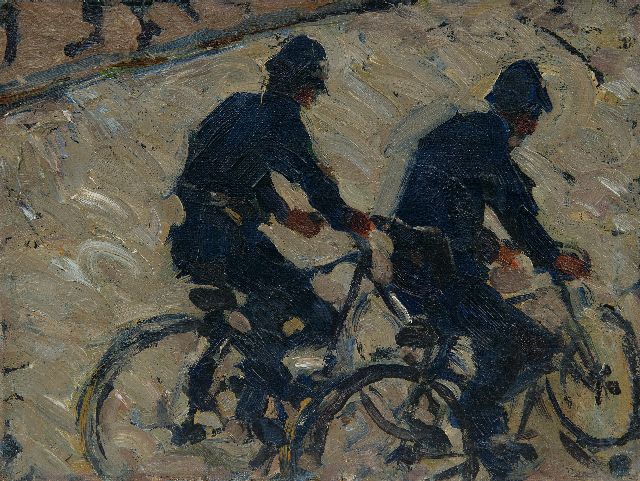 Johan Dijkstra | Zwei Fahrradpolizisten, Öl auf Leinwand auf Holz, 21,4 x 28,0 cm