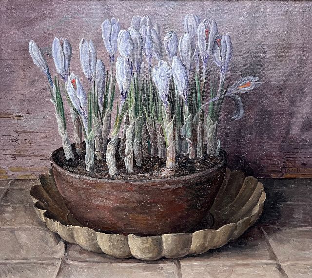 Jakob Nieweg | Schale mit Krokussen, Öl auf Leinwand, 40,2 x 45,3 cm, Unterzeichnet m.r. mit Monogramm und datiert 1948