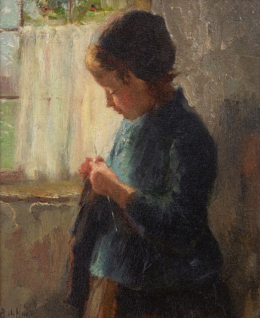 Bernard de Hoog | A girl knitting, Öl auf Holz, 16,7 x 13,7 cm, Unterzeichnet l.u.