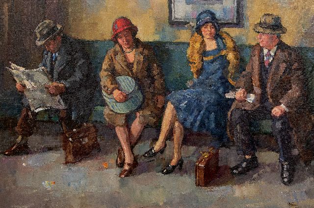 Abraham Fresco | Reisende in einem Bahnhof, Öl auf Leinwand auf Holz, 60,9 x 90,0 cm, Unterzeichnet r.u.