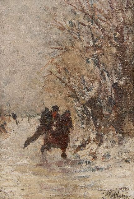 Seben H. van | Eisläuferpaar in einer Winterlandschaft, Öl auf Leinwand auf Holz 17,4 x 11,7 cm, Unterzeichnet u.r.