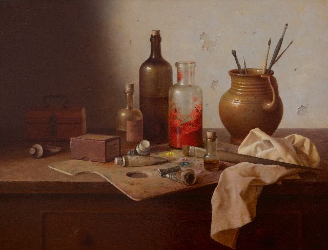 Andreas Gyula Bubarnik | Stillleben von Malerutensilien auf der Werkbank, Öl auf Holz, 50,0 x 65,0 cm, Unterzeichnet u.r.