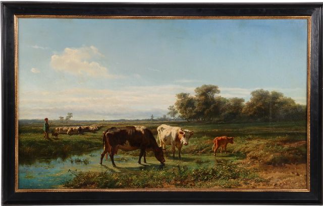 Hendrik Savrij | Weidelandschaft mit trinkendem Vieh und Schafherde, Öl auf Leinwand, 76,7 x 129,0 cm, Unterzeichnet u.r.