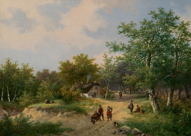 Koekkoek P.H.  | Bauern auf einer Landstraße, Öl auf Holz 26,8 x 37,2 cm, Unterzeichnet M.u.