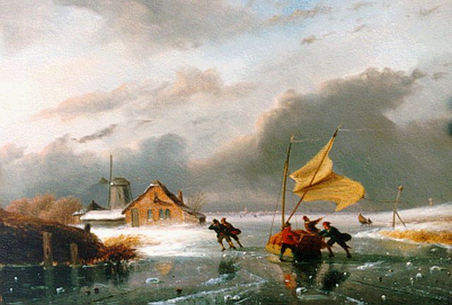 Nicolaas Roosenboom | Figures on the ice in winter, Öl auf Holz, 31,0 x 45,0 cm, signed l.r.