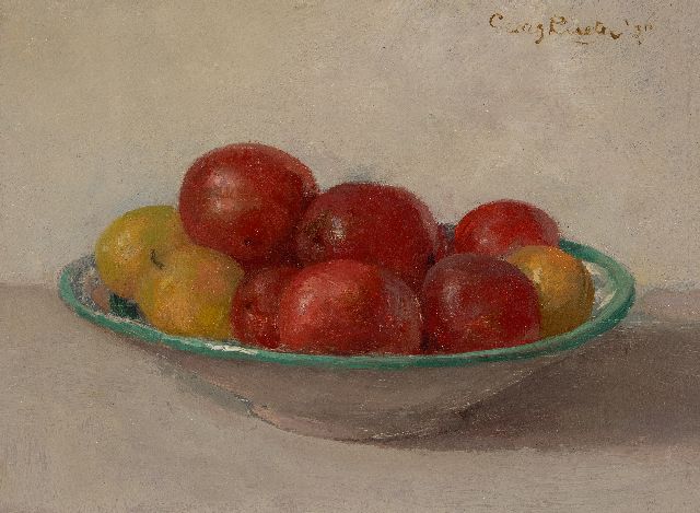 Rueter W.C.G.  | Stillleben mit Obst auf einer Schale, Öl auf Holz 17,6 x 23,3 cm, Unterzeichnet o.r. und datiert '37, ohne Rahmen