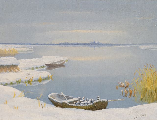 Dirk Smorenberg | Winterliches Gesicht bei Loosdrecht mit Entenfamilie im Boot, Öl auf Holzfaser, 30,3 x 39,5 cm, Unterzeichnet u.r.