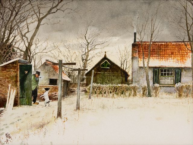 Rien Poortvliet | Ein glücklicher Freund auf dem Bauernhof, Aquarell auf Papier, 50,0 x 65,0 cm, Unterzeichnet u.l.