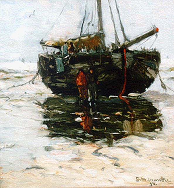 Morgenstjerne Munthe | 'Bomschuit on the beach', Öl auf Malerpappe, 32,7 x 31,0 cm, signed l.r. und dated '14