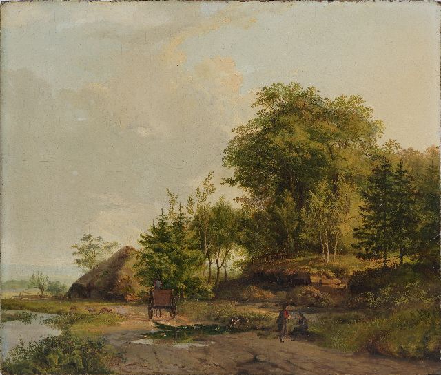 Barend Cornelis Koekkoek | Sommerlandschaft mit Reisenden und Pferd und Wagen, Öl auf Holz, 34,7 x 40,7 cm, 1823-1826