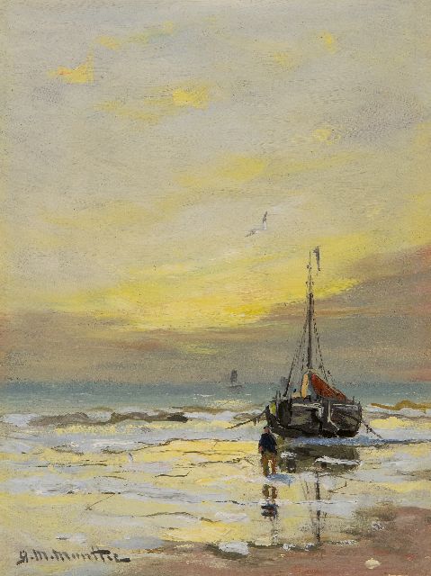 Morgenstjerne Munthe | Fischerboot vor Anker bei Sonnenuntergang, Öl auf Malereifaser, 20,0 x 14,8 cm, Unterzeichnet u.L.