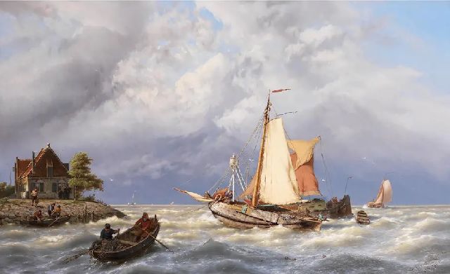 Jan H.B. Koekkoek | Segelschiffe in aufgewühlter See, Öl auf Leinwand, 83,0 x 130,0 cm, Unterzeichnet R.u.