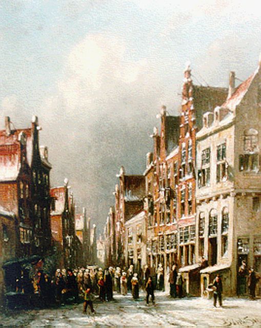 Petrus Gerardus Vertin | Townsfolk in a busy street in winter, Öl auf Holz, 24,0 x 19,6 cm, signed l.r. und dated '85