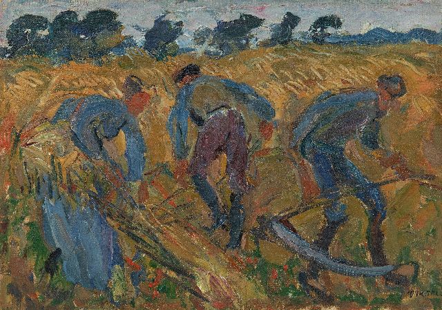 Johan Dijkstra | Mähende Landarbeiter, Groningen, Öl auf Leinwand auf Holz, 21,5 x 30,2 cm, Unterzeichnet u.r. und zu datieren ca. '25