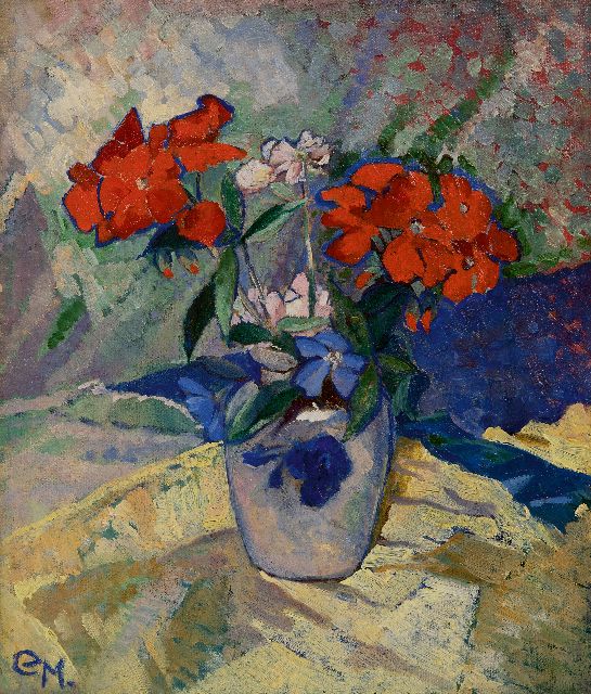 Machotka C.  | Rote Blumen in einer Vase, Öl auf Leinwand 32,0 x 27,1 cm, Unterzeichnet u.L. mit Initialen und zu datieren um 1925