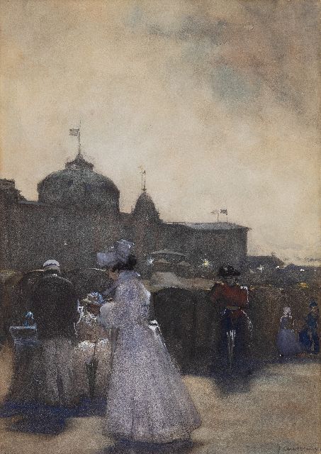 Floris Arntzenius | Sommergäste beim Kurhaus in Scheveningen in der Abenddämmerung, Kreide, Aquarell und Gouache auf Papier, 43,8 x 30,8 cm, Unterzeichnet u.r.