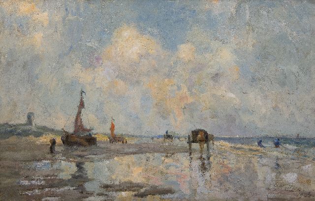 Evert Pieters | Strand bei Katwijk mit Bomschuiten und Muschelfischern, Öl auf Leinwand, 85,5 x 130,2 cm, Unterzeichnet u.r. und datiert 1906