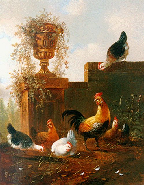 Verhoesen A.  | Poultry in a classical landscape, Öl auf Holz 28,7 x 23,0 cm, signed l.r. und dated 1857