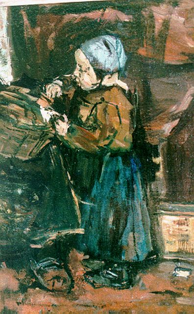 Suze Robertson | A girl with a basket, Öl auf Leinwand auf Holz, 34,3 x 22,9 cm