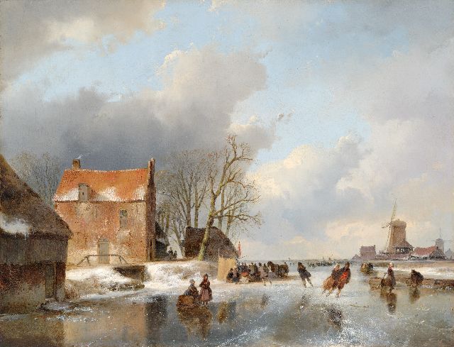 Andreas Schelfhout | Zugefrorene Fluss mit Schlittschuhläufern und einer 'Koek-en-zopie' Stall, Öl auf Holz, 40,6 x 52,6 cm, Unterzeichnet u.l. und datiert '41