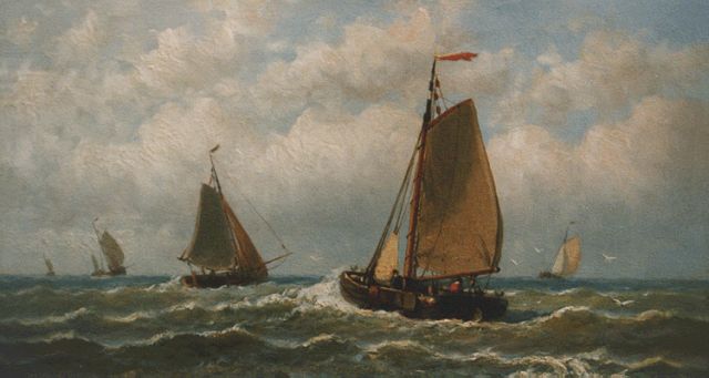 Hendrik Hulk | Sailing vessels in full sail, Öl auf Leinwand, 18,0 x 30,1 cm, signed l.r.