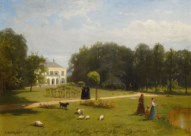 Conradijn Cunaeus | Landgut mit eleganten Damen im Garten, Öl auf Holz, 26,0 x 35,0 cm, Unterzeichnet u.l. und Privat