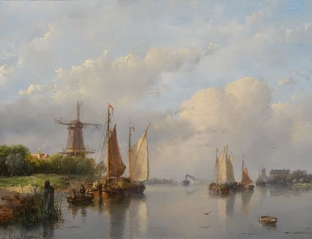 Andreas Schelfhout | Sommerliches Flussufer mit Segelschiffen, ein Dampfschiff in der Ferne., Öl auf Holz, 22,0 x 29,0 cm, Unterzeichnet u.l. und datiert '58