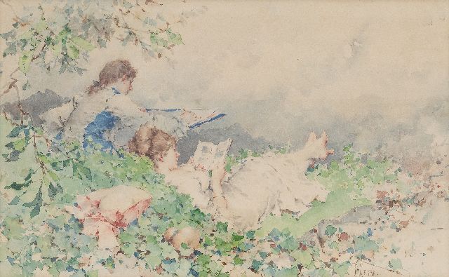 Kaemmerer F.H.  | Lesendes junges Paar im Freien, Aquarell auf Papier 28,0 x 45,0 cm, Unterzeichnet u.R.