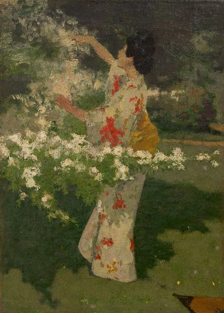 Haverman H.J.  | Japanische Frau bei Kirschblüten, Öl auf Leinwand 54,3 x 39,9 cm, Unterzeichnet o.r.