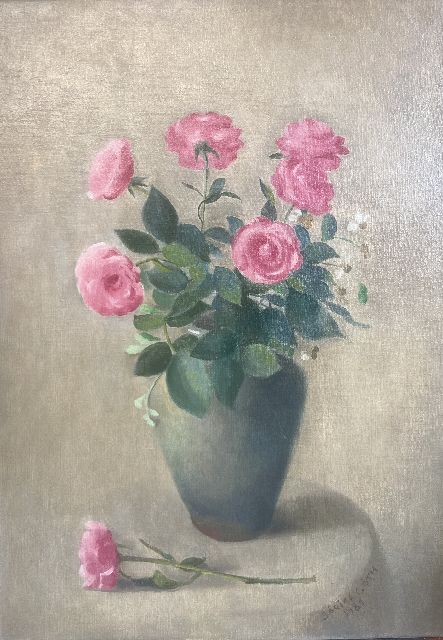 Sarika Góth | Vase mit rosa Rosen, Öl auf Leinwand, 50,4 x 35,7 cm, Unterzeichnet u.L. und datiert 1981