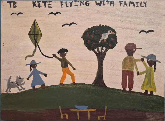 Tim Brown | kite flying with family, Öl auf Holz, 37,6 x 50,6 cm, Unterzeichnet o.l.