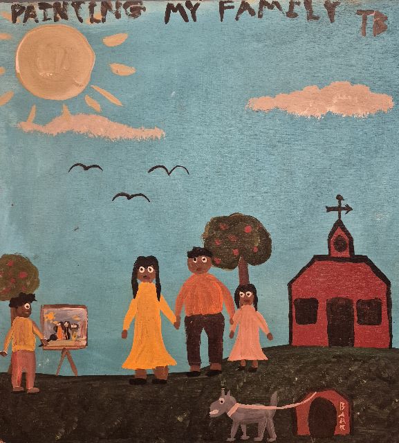 Tim Brown | Painting my family, Öl auf Holz, 40,2 x 37,3 cm, Unterzeichnet o.r.