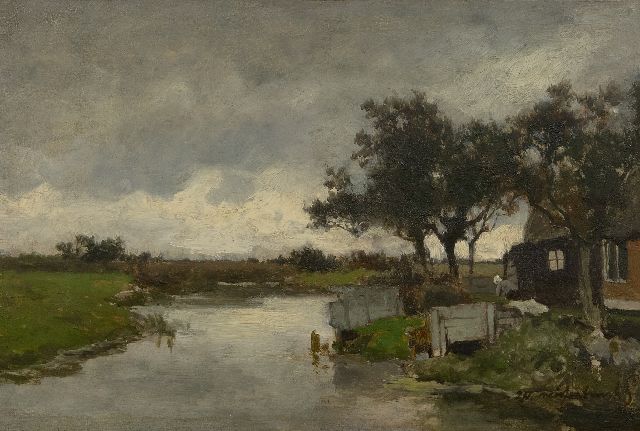 Jan Hendrik Weissenbruch | Waschtag (Mögliche Aussicht vom Hinterhof des Gasthauses 'Het Vliegende Paard', Nieuwkoop), Öl auf Holz, 23,9 x 36,1 cm, Unterzeichnet u.r