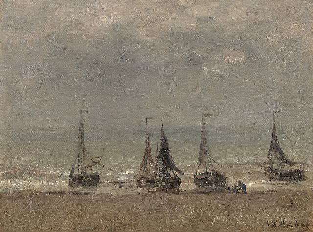 Hendrik Willem Mesdag | Fünf Fischerboote in der Brandung, Öl auf Leinwand auf Holz, 30,4 x 40,4 cm, Unterzeichnet l.u.