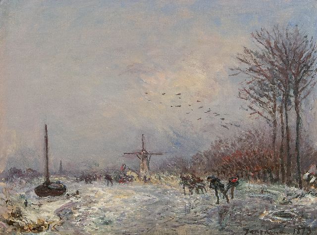 Johan Barthold Jongkind | Holländischer Kanal mit Schlittschuhläufern, Öl auf Leinwand, 25,2 x 35,3 cm, Unterzeichnet u.r. und datiert 1873