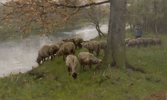 Anton Mauve | Schafe am Kanal, Öl auf Holz, 25,1 x 41,0 cm, Unterzeichnet u.r.