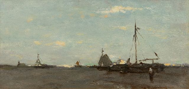 Jan Hendrik Weissenbruch | Gestrandete Bombenschiffe am Strand von Scheveningen bei Ebbe, Öl auf Holz, 15,6 x 31,2 cm, Unterzeichnet u.r. und datiert 1901