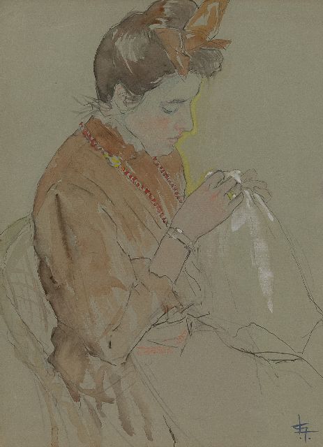 Leo Gestel | Porträt der Schwester des Künstlers, Aquarell auf Papier, 31,0 x 23,0 cm, Unterzeichnet u.r. mit Monogramm