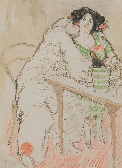 Leo Gestel | Café-Szene mit Pierrot, pencil, ink and chalk on paper, 30,0 x 22,0 cm, Unterzeichnet u.L. und zu datieren um 1908