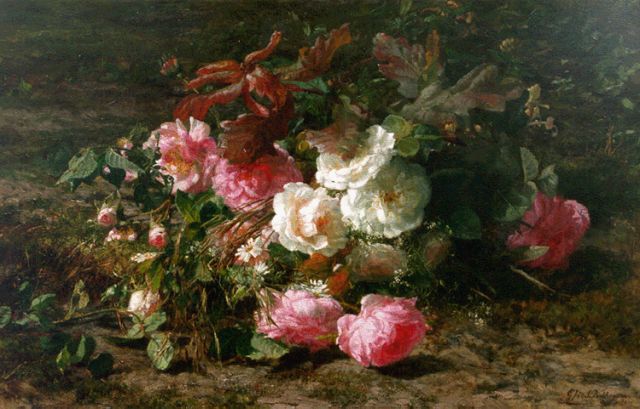 Gerardine van de Sande Bakhuyzen | A bouquet of roses on a forest-path, Öl auf Leinwand, 49,3 x 77,0 cm, signed l.r.