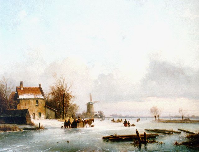 Kleijn L.J.  | An extensive winter landscape with skaters on the ice, Öl auf Holz 44,2 x 55,2 cm, signed l.r.