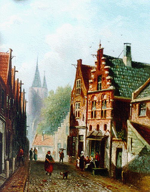 Johannes Franciscus Spohler | A sunlit Dutch street, Öl auf Holz, 18,9 x 14,9 cm, signed l.r.