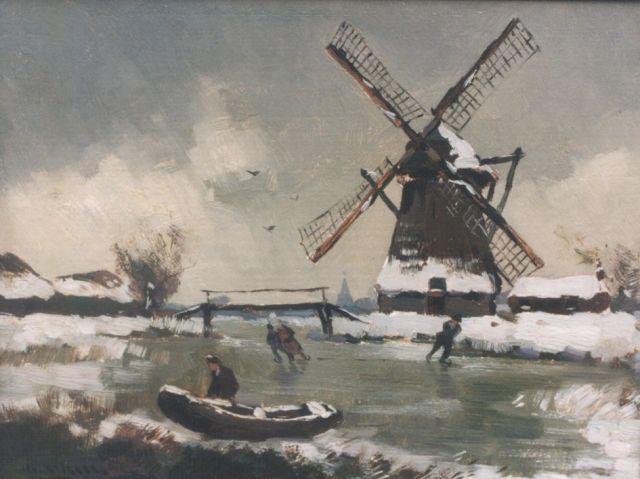 Jan Knikker sr. | Skaters on a frozen waterway, Öl auf Holz, 18,8 x 24,4 cm, signed l.l.